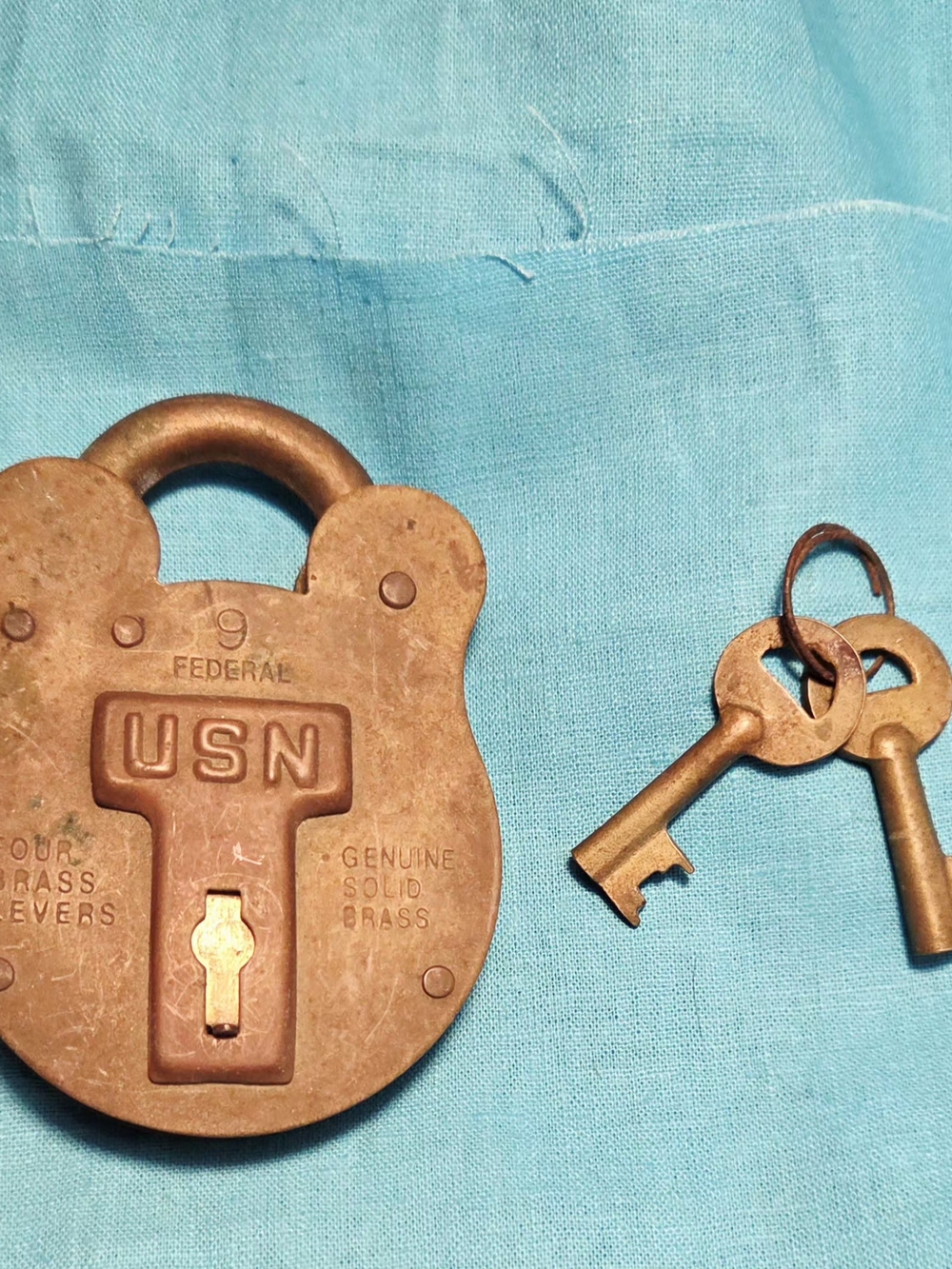 Large Federal ₩ 9 USN Brass Lock Four Levers 2 Keys , Works FINE
